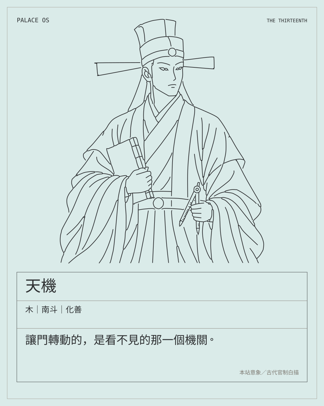 天機星曜圖卡：木｜南斗｜化善。讓門轉動的，是看不見的那一個機關。