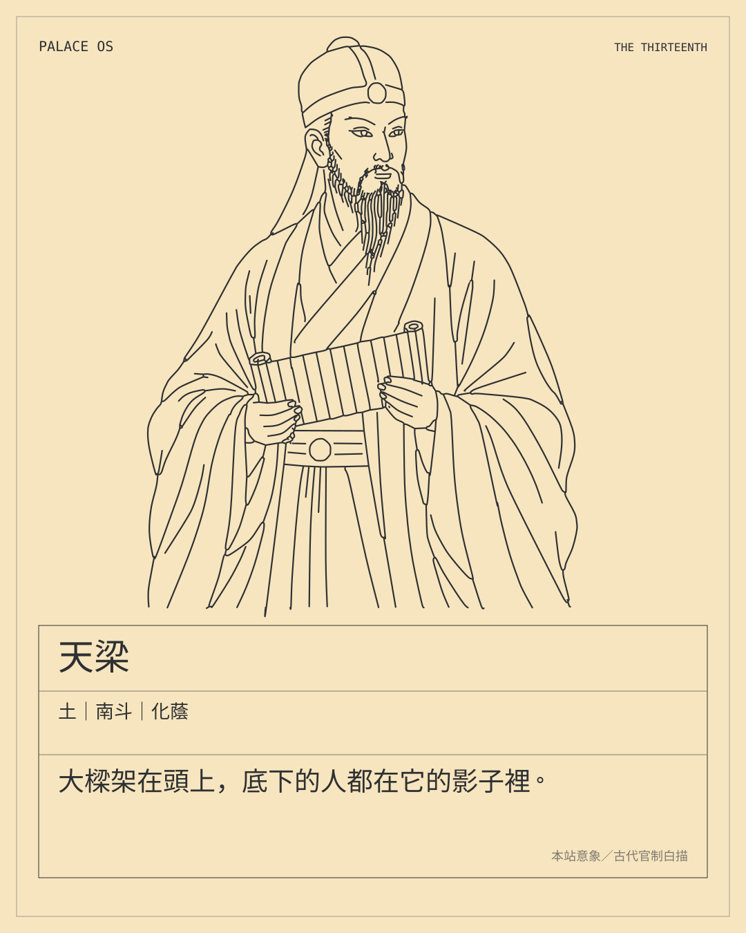 天梁星曜圖卡：土｜南斗｜化蔭。大樑架在頭上，底下的人都在它的影子裡。