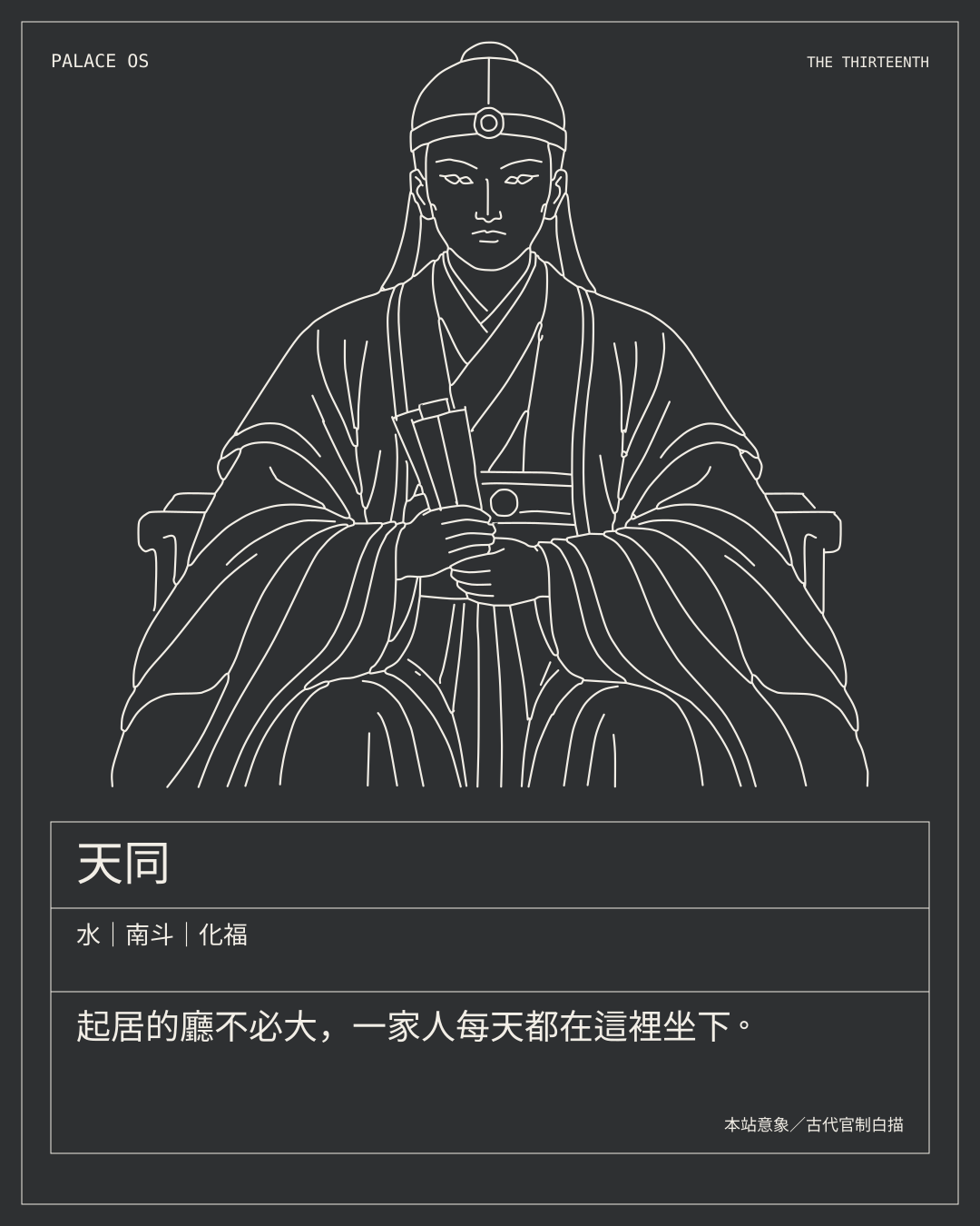 天同星曜圖卡：水｜南斗｜化福。起居的廳不必大，一家人每天都在這裡坐下。